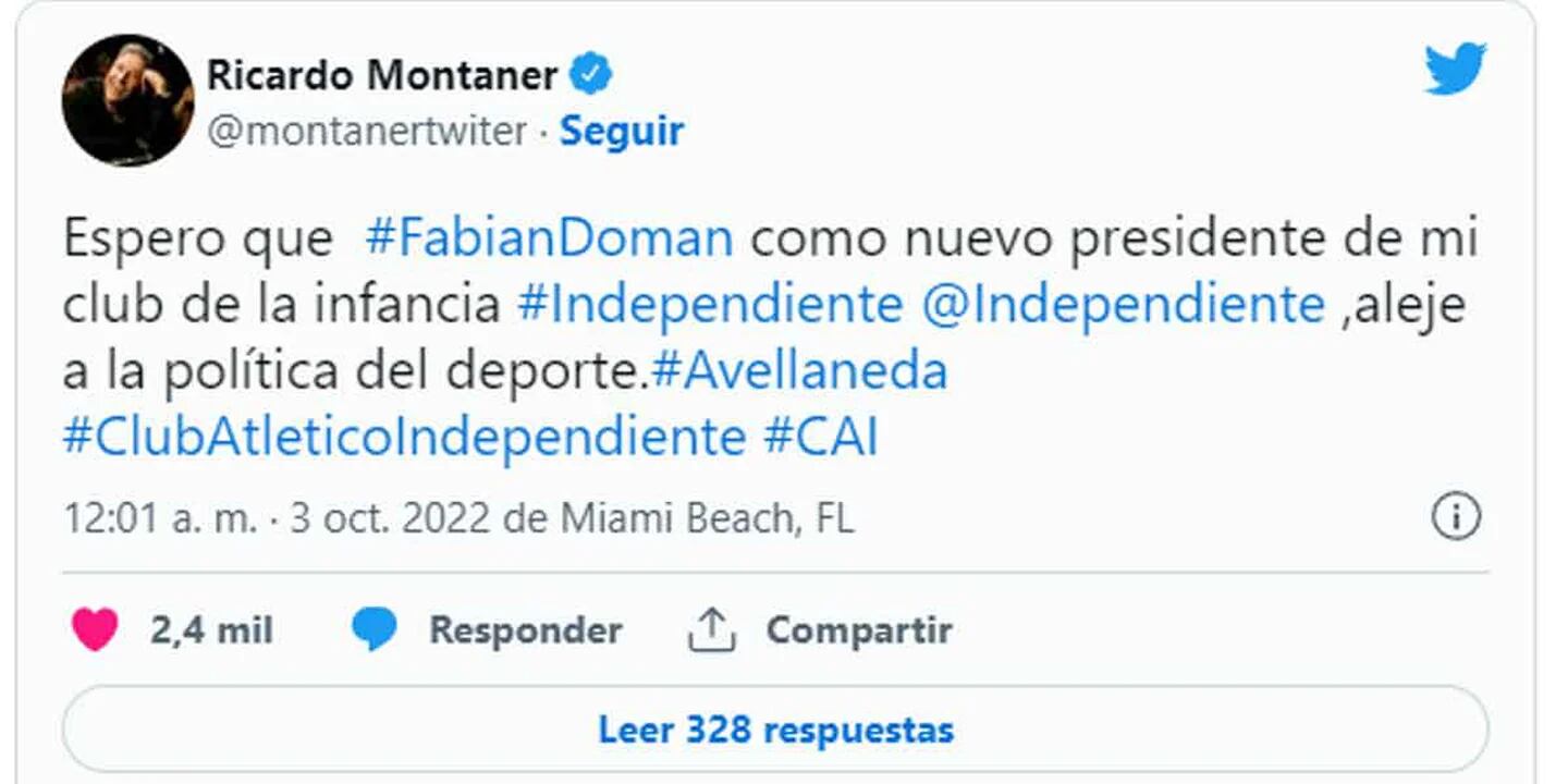 El picante mensaje de Ricardo Montaner a Fabian Doman tras ser elegido como presidente de Independiente: “Aleje a la política del deporte”