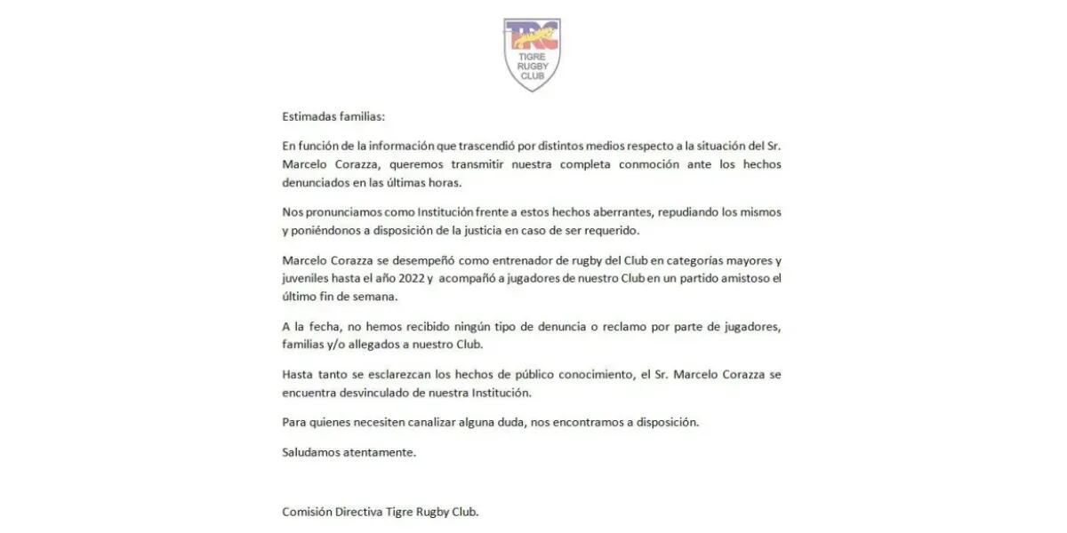 El duro comunicado del club de rugby donde Marcelo Corazza daba clases: “Completa conmoción”