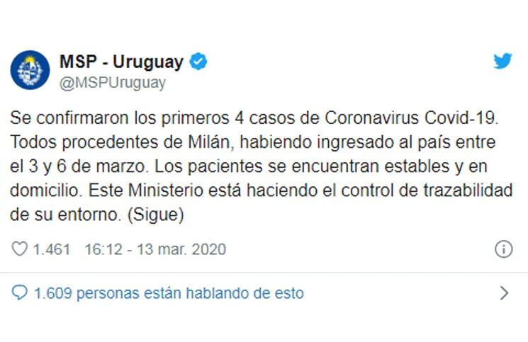Coronavirus: confirman cuatro casos en Uruguay

