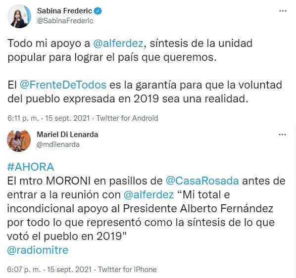Los mensajes de Claudio Moroni y Sabina Frederic en respaldo de Alberto Fernández
