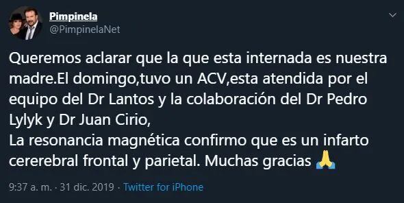 Tweet de Joaquín y Lucía Galán informando la situación de su madre