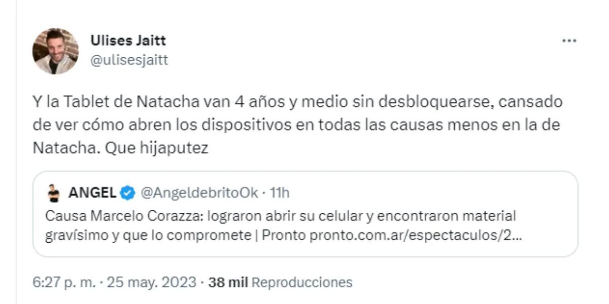 La furia de Ulises Jaitt tras el peritaje al celular de Marcelo Corazza: "En todas las causas menos en la de Natacha"