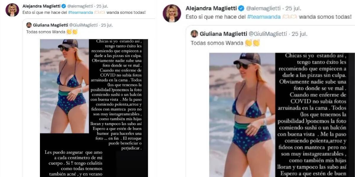 Alejandra Maglietti bancó sin pudor a Wanda Nara tras las críticas y se declaró de su “team”: “A las pizzas sin culpa”