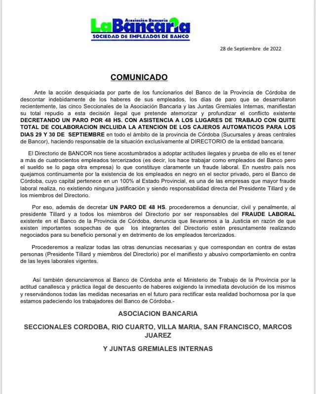 Comunicado La Bancaria Córdoba