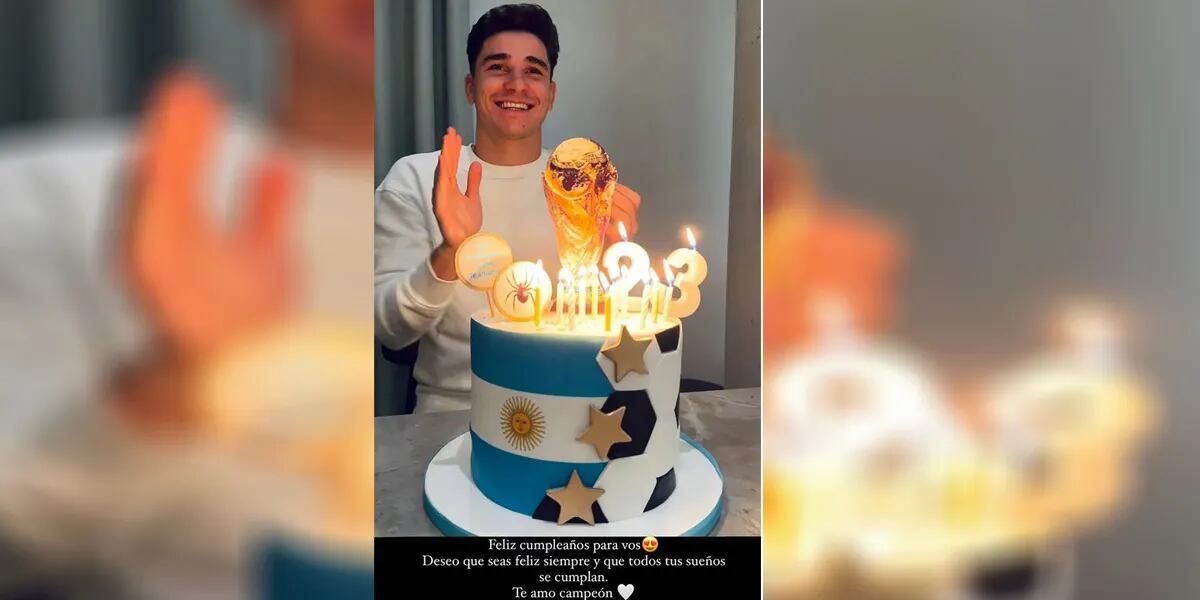Julián Alvarez cumplió 23 años y lo festejó con su familia en Inglaterra con un detalle mundialista en la torta