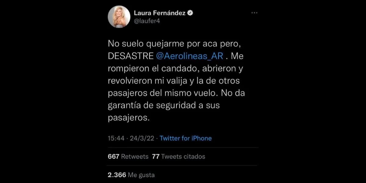 Laurita Fernández estalló de furia contra Aerolíneas Argentinas: “No dan garantías de seguridad”