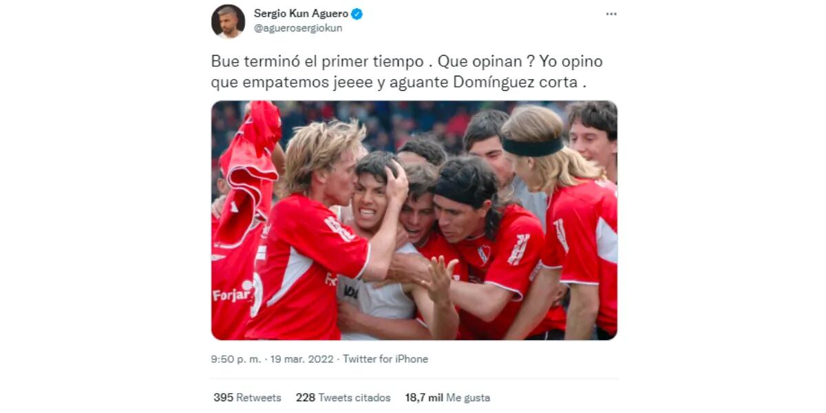 Los comentarios del Kun Agüero en Twitter sobre el clásico entre Independiente y Racing: “Para mí empatamos”