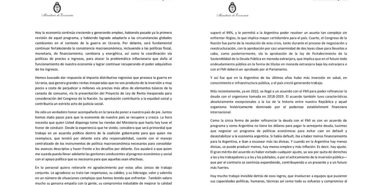Las frases más duras de la carta de renuncia que presentó Martín Guzmán.
