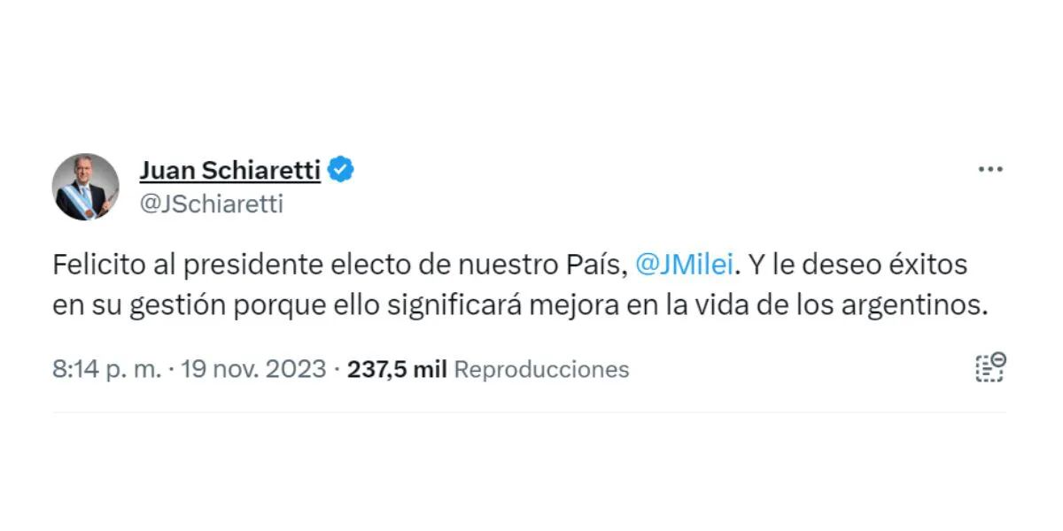 Juan Schiaretti felicitó a Javier Milei tras el triunfo en el balotaje 2023: “Éxitos en su gestión”.