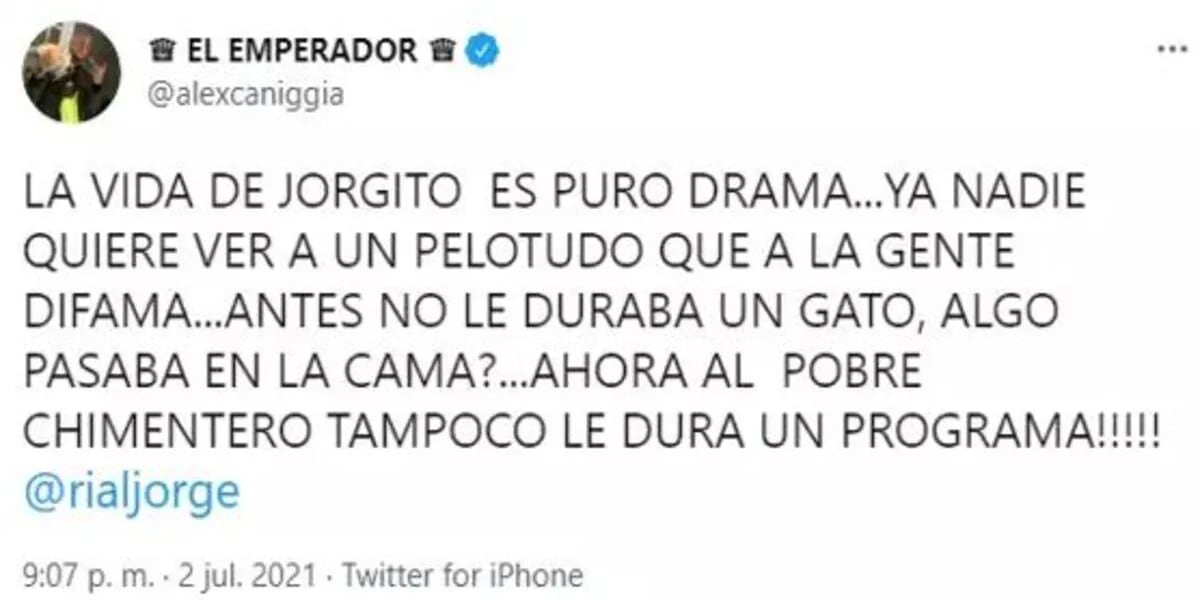 "Antes no le duraba un gato, ahora tampoco un programa", la fuerte chicana de Alex Caniggia contra Jorge Rial
