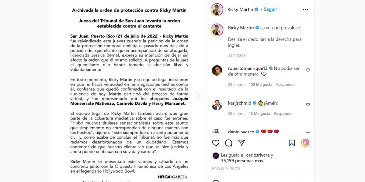 "La verad prevalece": el sobrino de Ricky Martin pidió la nulidad de la orden de restricción y el cantante "fue reivindicado"