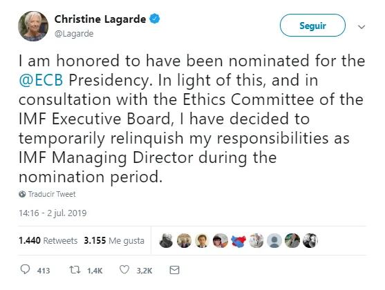 El posteo de Christine Lagarde en Twitter.