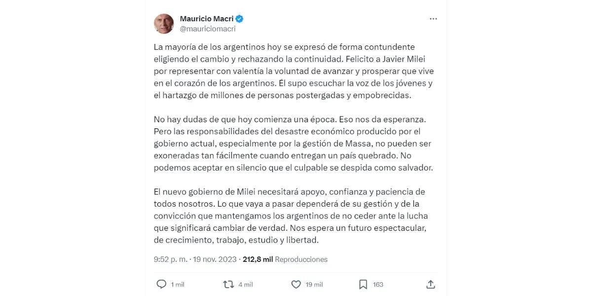 El mensaje de Mauricio Macri tras el triunfo de Javier Milei en el balotaje: “Comienza una época”