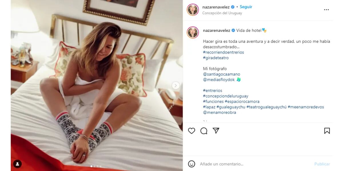 La jugadísima foto de Nazarena Vélez tapándose apenas con una toalla: “Vida de hotel”