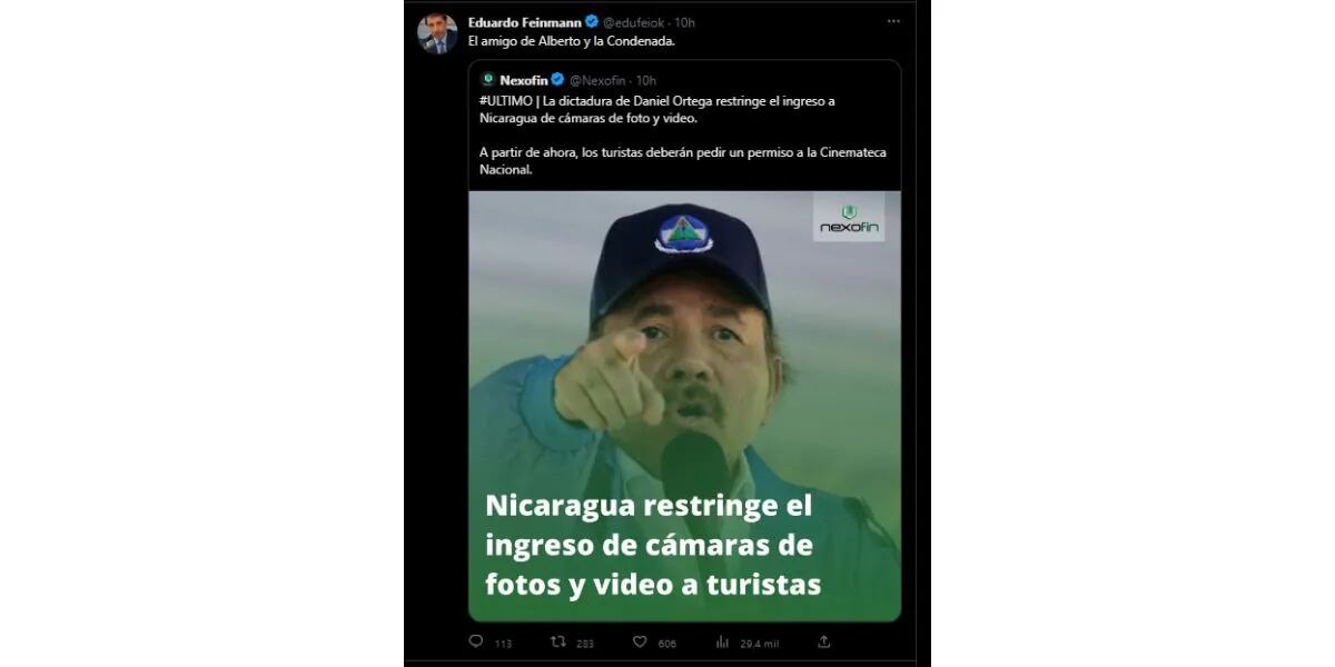 Eduardo Feinmann criticó a Daniel Ortega tras restringir el acceso con cámaras y videos al país: “El amigo de la Condenada”