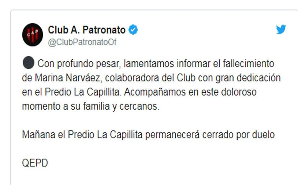 El Club de Patronato de Paraná dio sus condolencias a través de Twitter