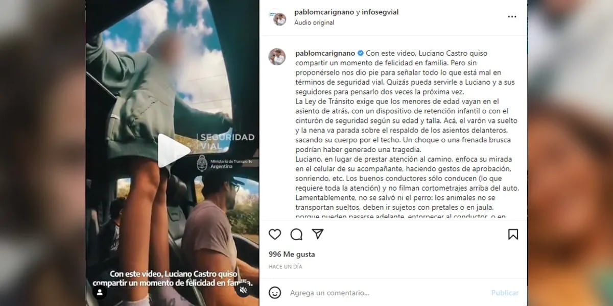 La Agencia Nacional de Seguridad Vial pidió que le suspendan la licencia de conducir a Luciano Castro por el video con sus hijos: “Todo lo que está mal”