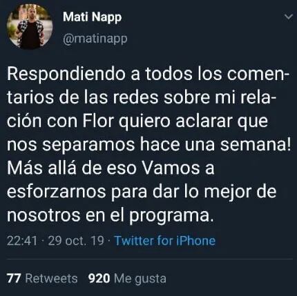 "Nos separamos hace una semana": Mati Napp confirmó los rumores de ruptura con Flor Vigna