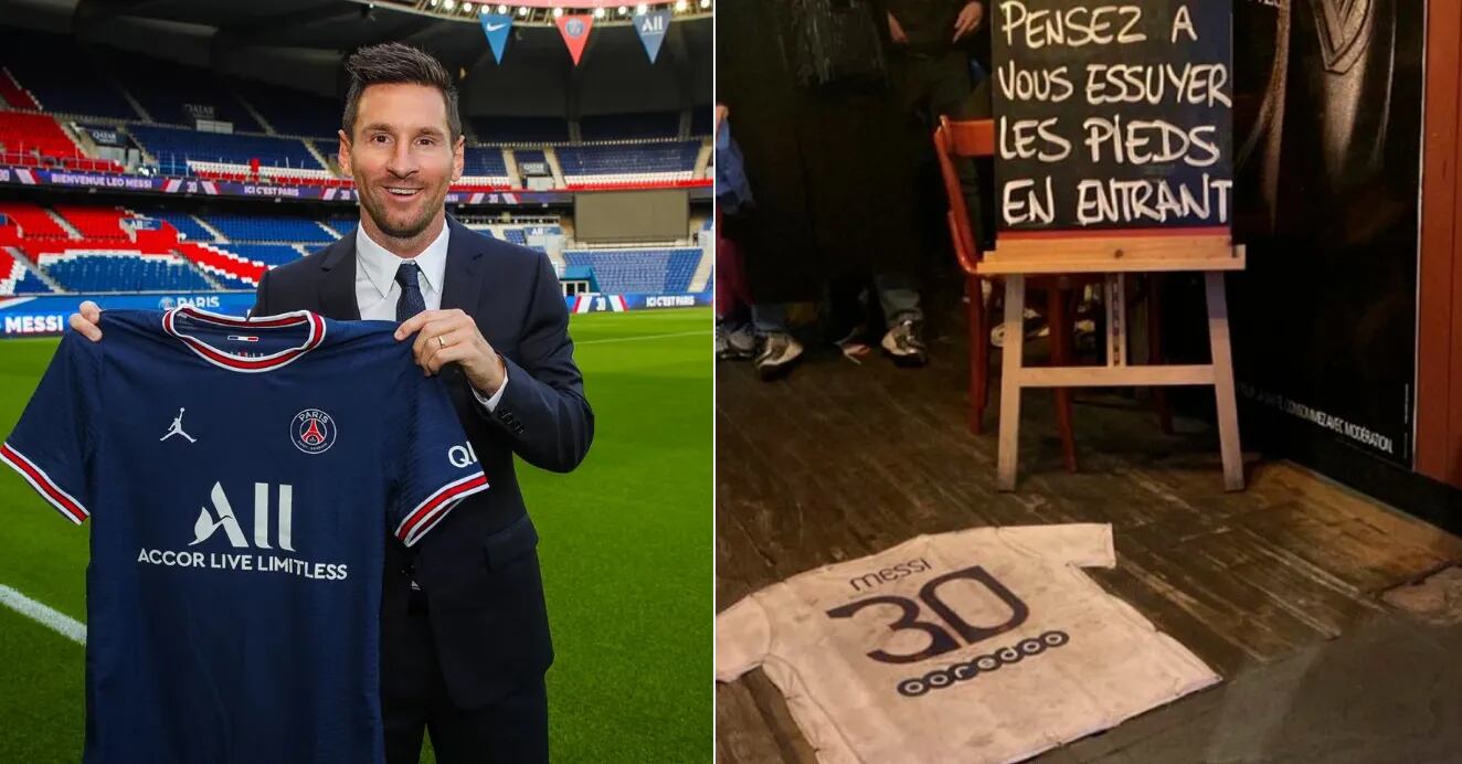 Un bar de París usó una camiseta de Lionel Messi como alfombra: “No olvides limpiarte los pies”