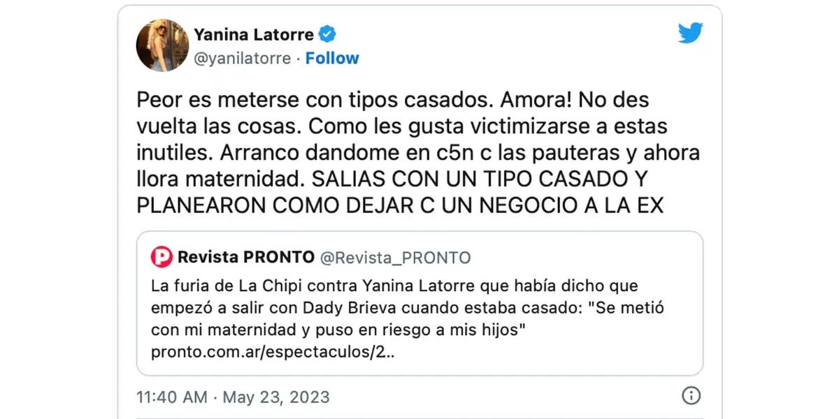 La fulminate respuesta de Yanina Latorre a La Chipi que reavivó la pelea: "Peor es meterse con tipos casados"