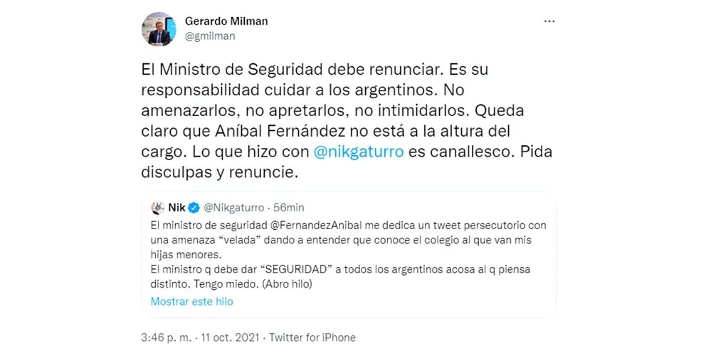 La oposición pidió la renuncia de Aníbal Fernández tras su tuit contra Nik: "No está a la altura del cargo"