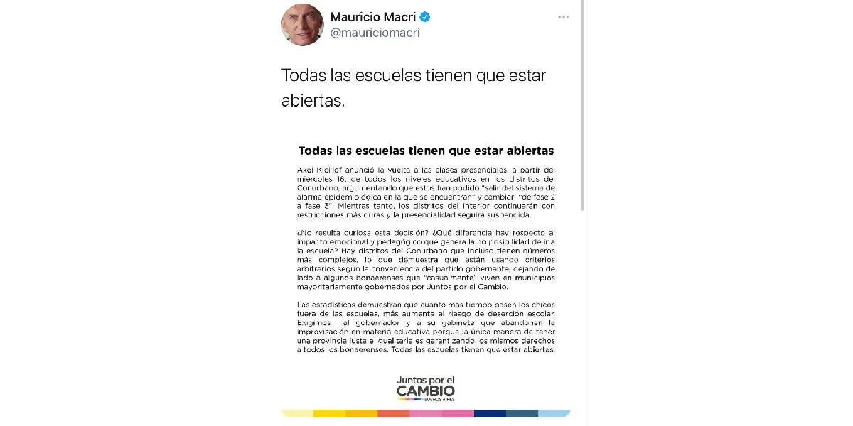 Mauricio Macri cuestionó las medidas de Axel Kicillof: “Las escuelas tienen que estar abiertas”