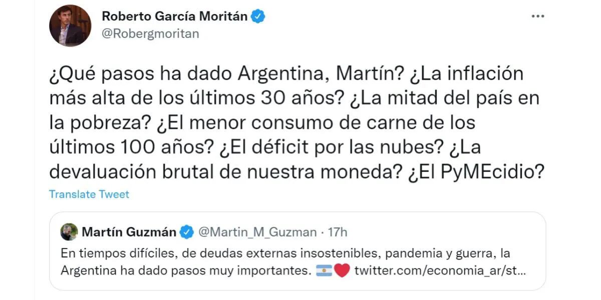 Roberto García Moritán cruzó a Martín Guzmán tras apoyar al Gobierno