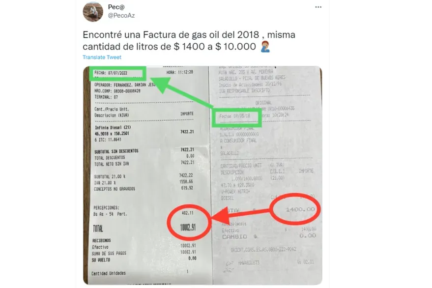 Un hombre encontró un ticket de lo que pagó por el gasoil en 2018, lo comparó con el precio actual y se volvió viral: “Me impactó el cambio en tan pocos años”