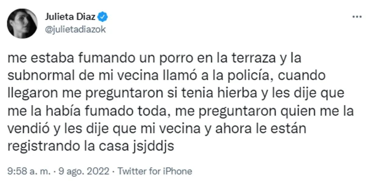 Hackearon a Julieta Díaz y la escracharon con un polémico tuit: "Les dije que me la había fumado toda"
