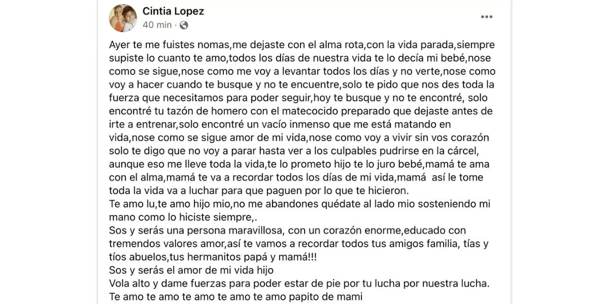 La desgarradora carta de la mamá de Lucas González: “Me dejaste con el alma rota”