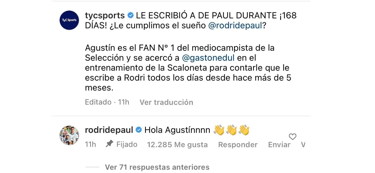 La emoción de un fanático de Rodrigo de Paul que le escribió 168 días seguidos hasta que el jugador le contestó: “Hola, Agustín”