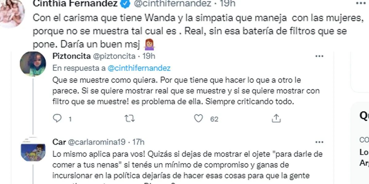 Cinthia Fernández criticó Wanda Nara  por los "filtros" que usa en sus fotos y la aconsejó: "Daría un buen mensaje"