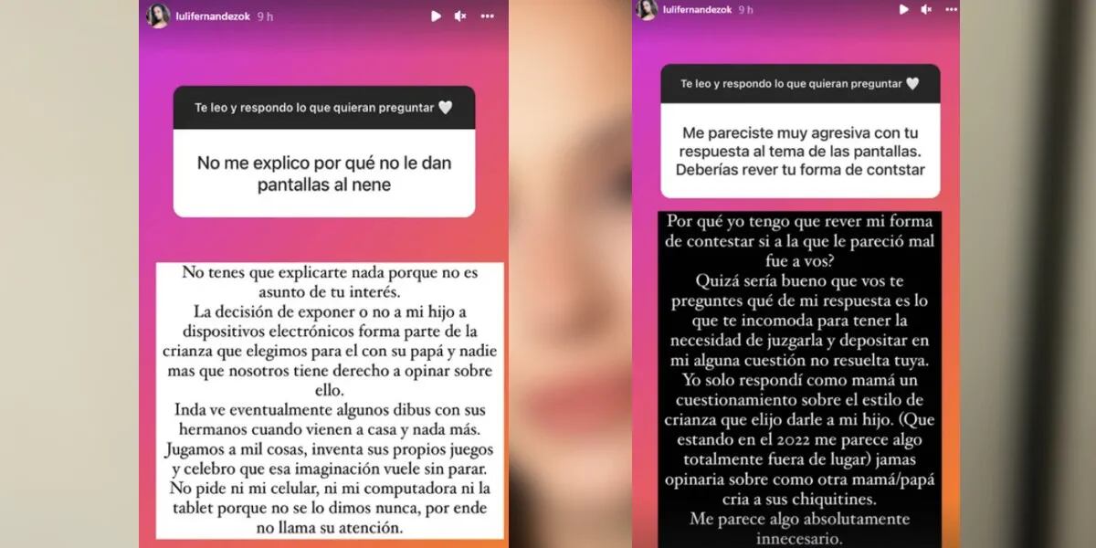 La filosa respuesta de Luli Fernández a una seguidora que la criticó por la crianza de su hijo: “No es asunto de tu interés”