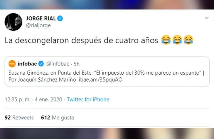 Jorge Rial se burló de Susana Giménez en su cuenta de Twitter