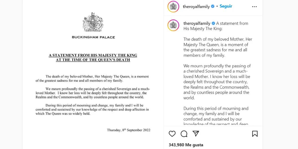 El príncipe Carlos se convirtió en Rey Carlos III y emitió un comunicado por la muerte de la Reina Isabel II: "La mayor tristeza"