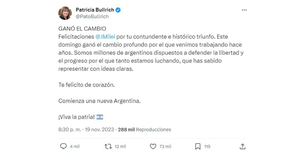 Patricia Bullrich felicitó a Javier Milei tras convertirse en el nuevo presidente de Argentina: "Ganó el cambio profundo"