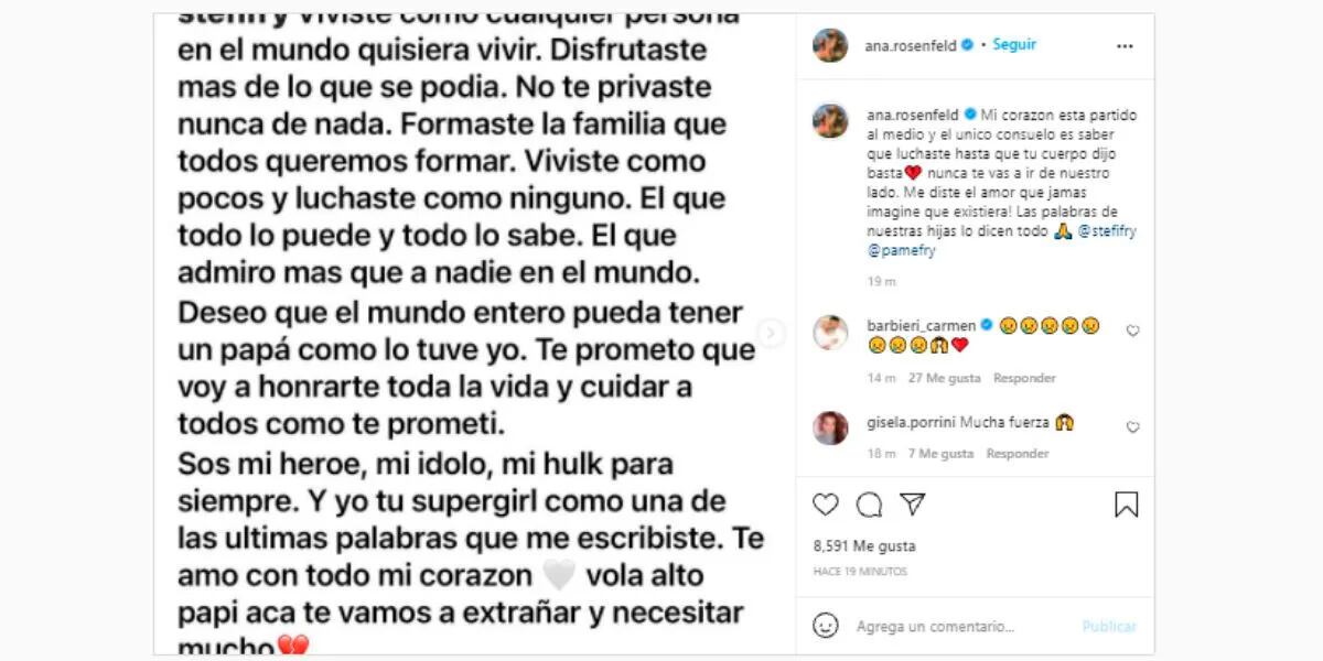 ”Mi corazón está partido al medio”: el desgarrador mensaje de Ana Rosenfeld en Instagram para despedir a su marido