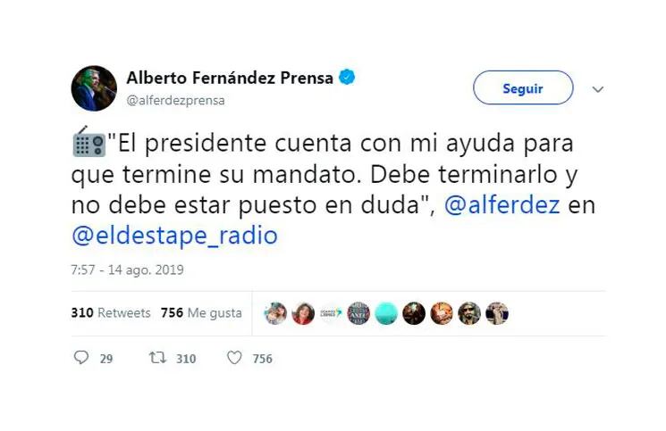 Las declaraciones de Alberto Fernández en su Twitter oficial.
