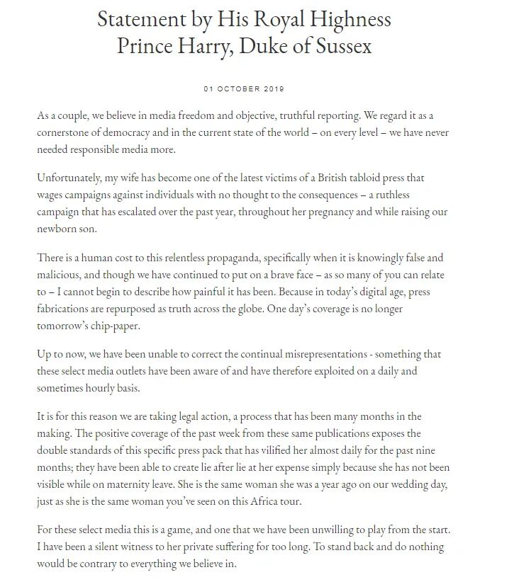 Parte del comunicado que escribió el Príncipe Harry
