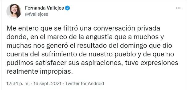 El tuit de Fernanda Vallejos.