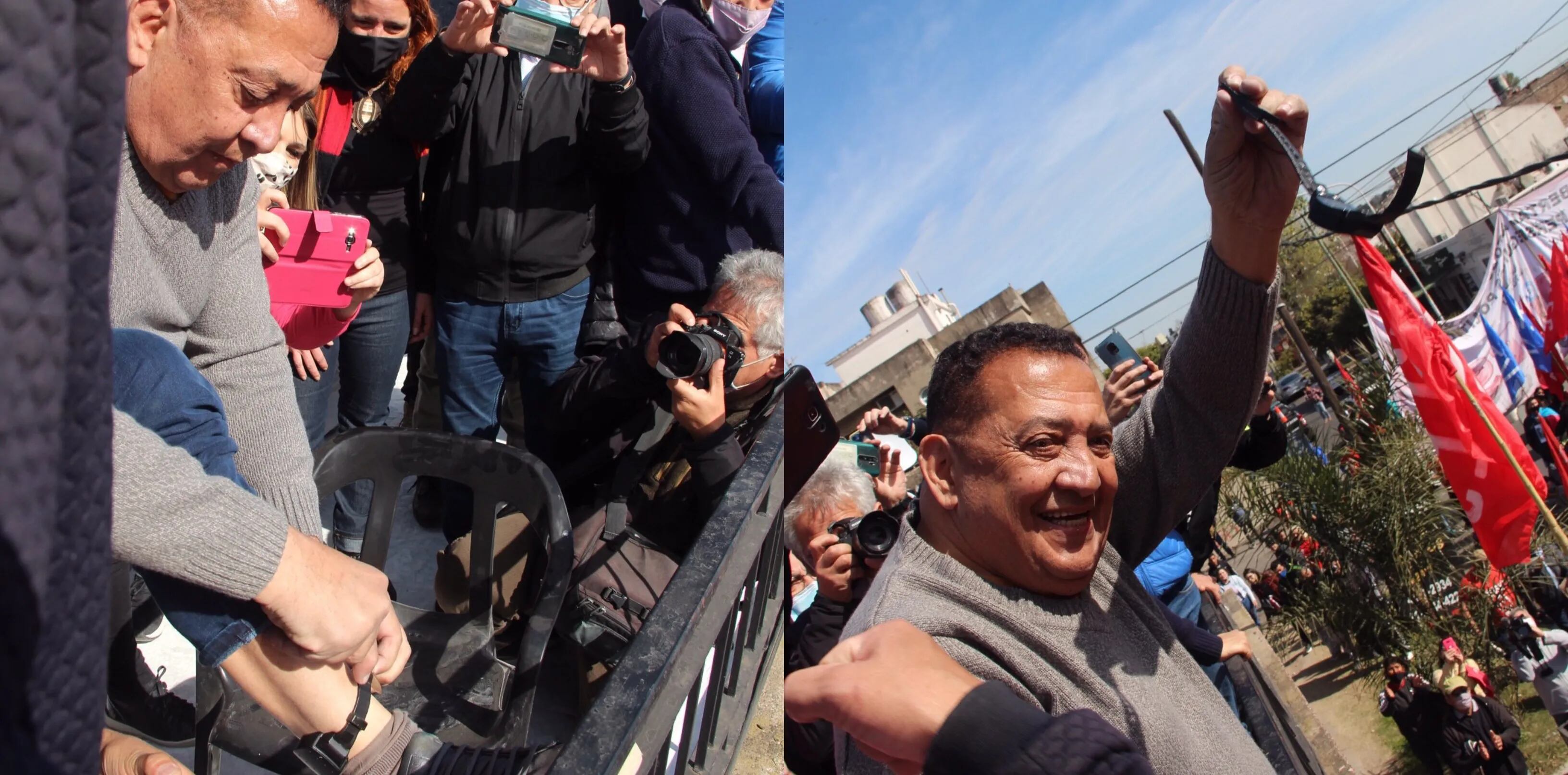 Luis D’Elía encabezó un acto y se cortó la tobillera electrónica ante una multitud en su primer día de libertad condicional