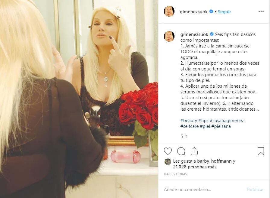 Posteo de Susana Giménez con los consejos de belleza.