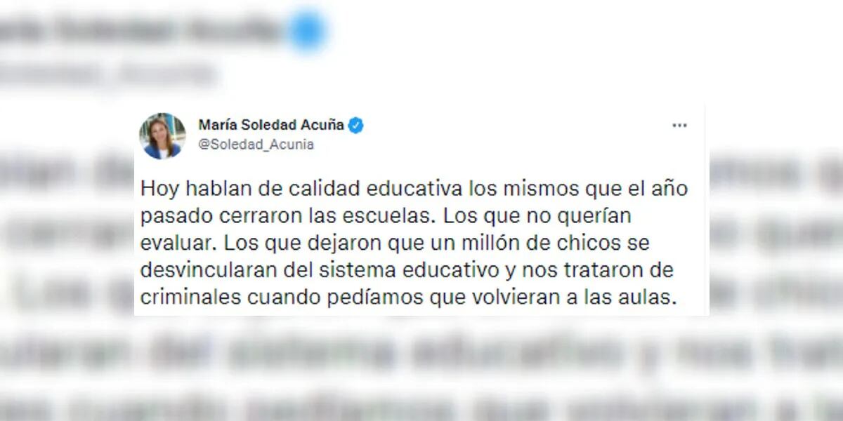 La dura crítica de Soledad Acuña al Gobierno: “Hablan de calidad educativa los mismos que el año pasado cerraron las escuelas”