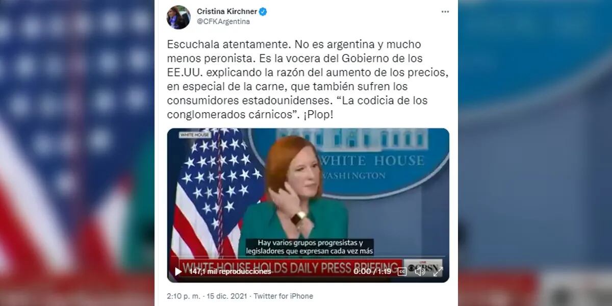 Cristina Fernández explicó con un video de la vocera del Gobierno estadounidense por qué sube la carne: "Plop"