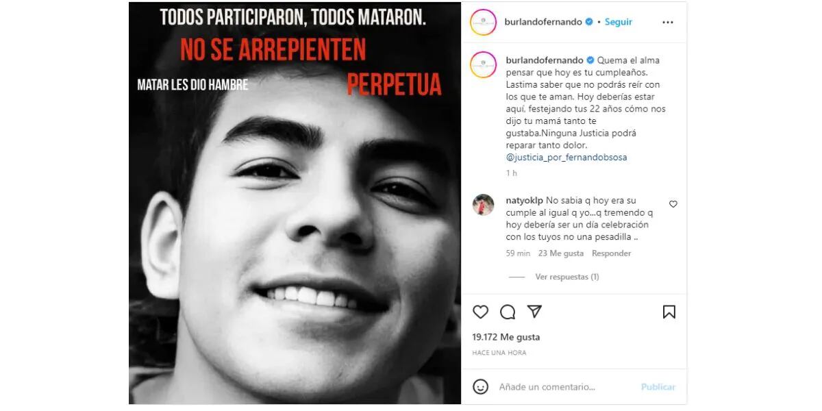 El contundente mensaje de Fernando Burlando en el cumpleaños de Fernando Báez Sosa: “Matar les dio hambre”