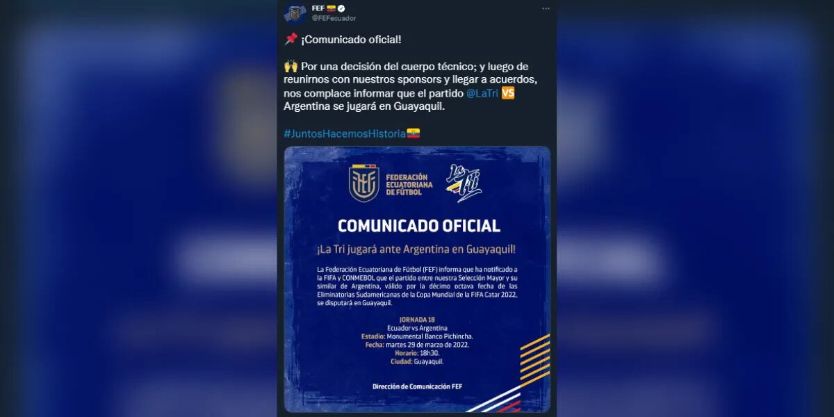 Eliminatorias: Ecuador se baja de la altura y jugará contra Argentina en Guayaquil