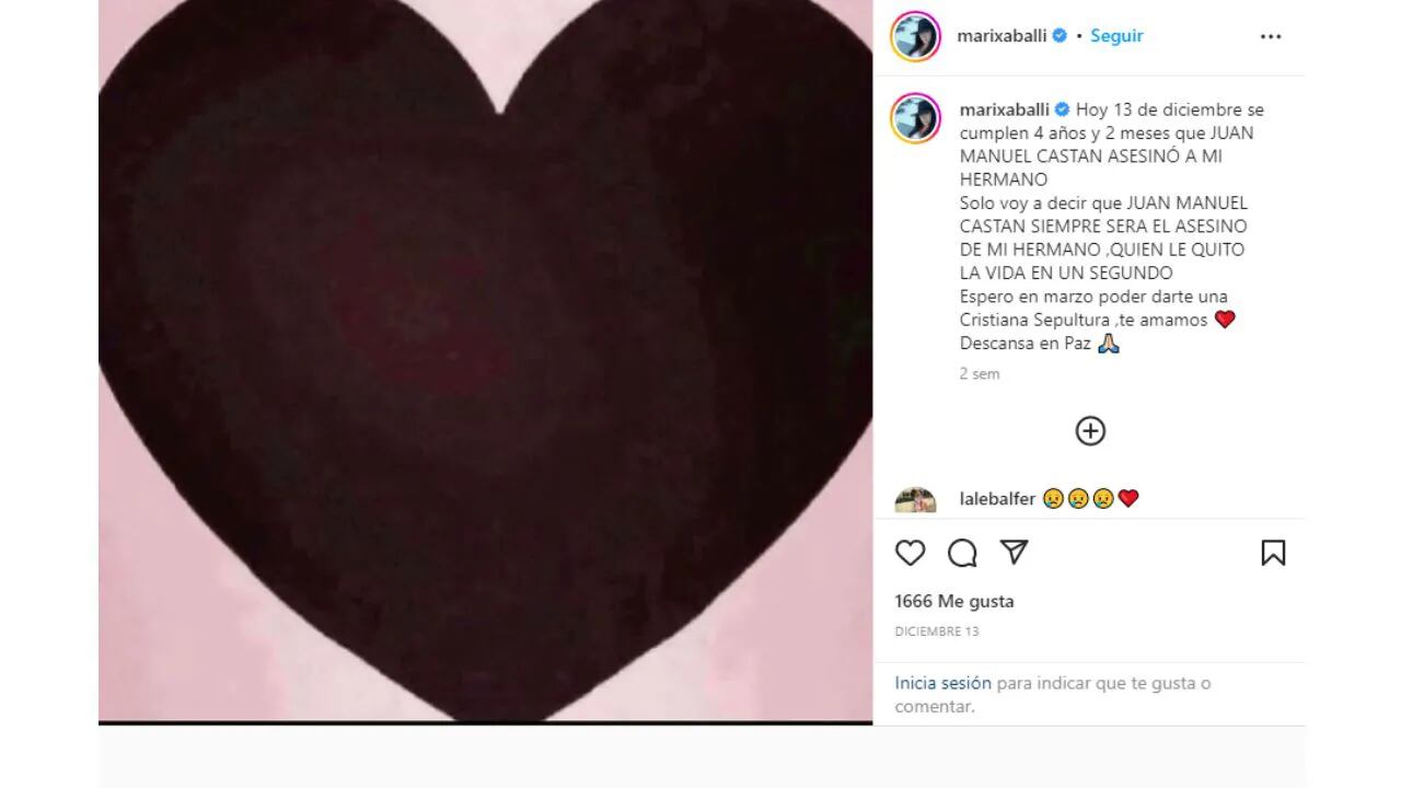 Marixa publicó en su cuenta de Instagram un intenso pedido de Justicia.