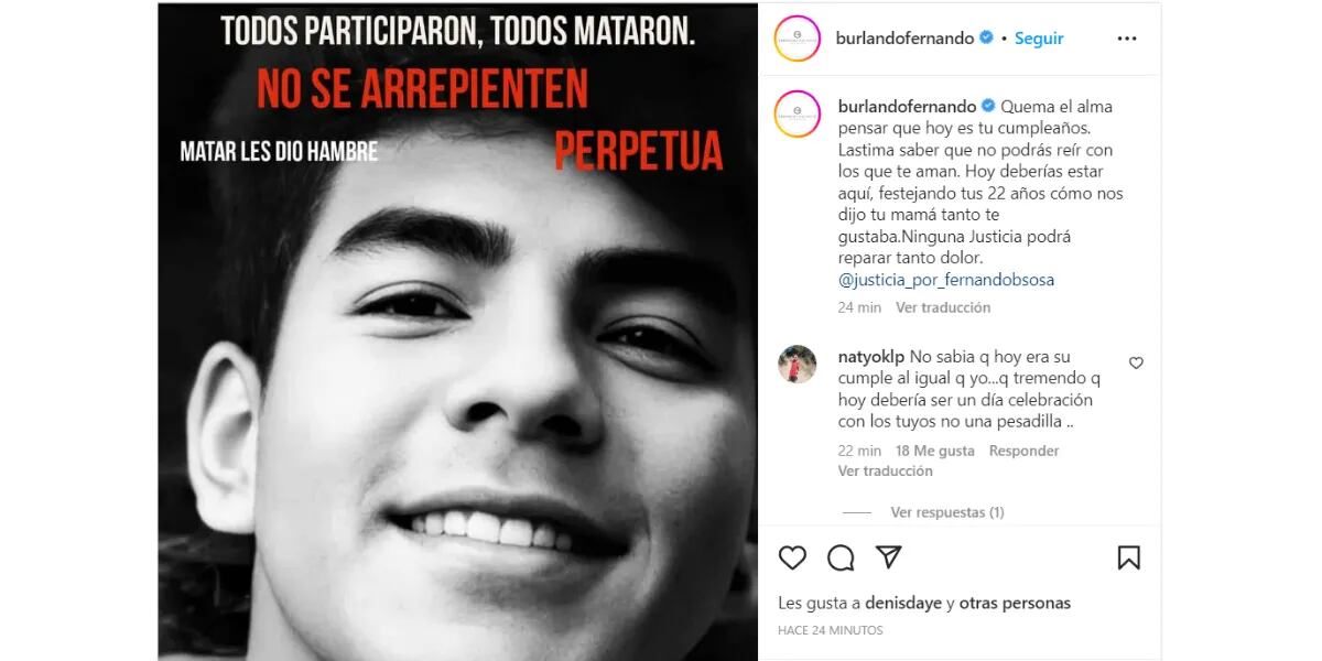 El demoledor posteo de Fernando Burlando en el día que Fernando Báez Sosa cumpliría 22 años: "Deberías estar acá"
