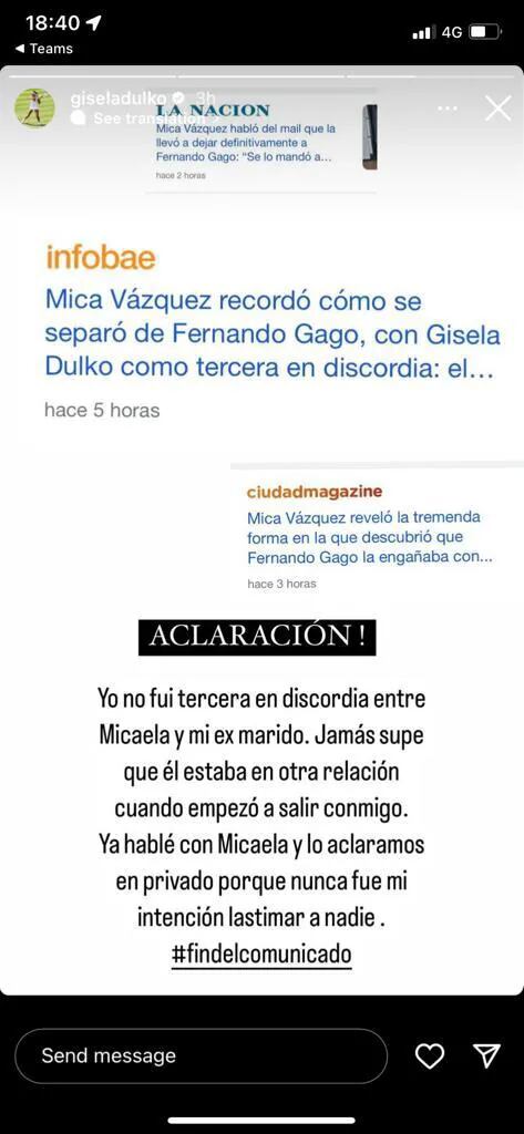 El fuerte descargo de Gisela Dulko luego de que Mica Vázquez asegure que Fernando Gago la engañó con ella: “Yo no fui tercera en discordia”