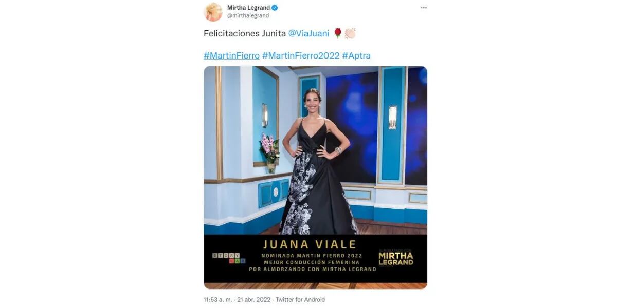La reacción de Mirtha Legrand tras enterarse que Juana Viale fue nominada a los Martín Fierro